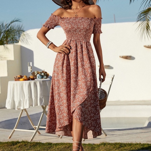 Boho Dusty Pink Floral Print Off Shoulder Midi Dress - Picture 3 of 5